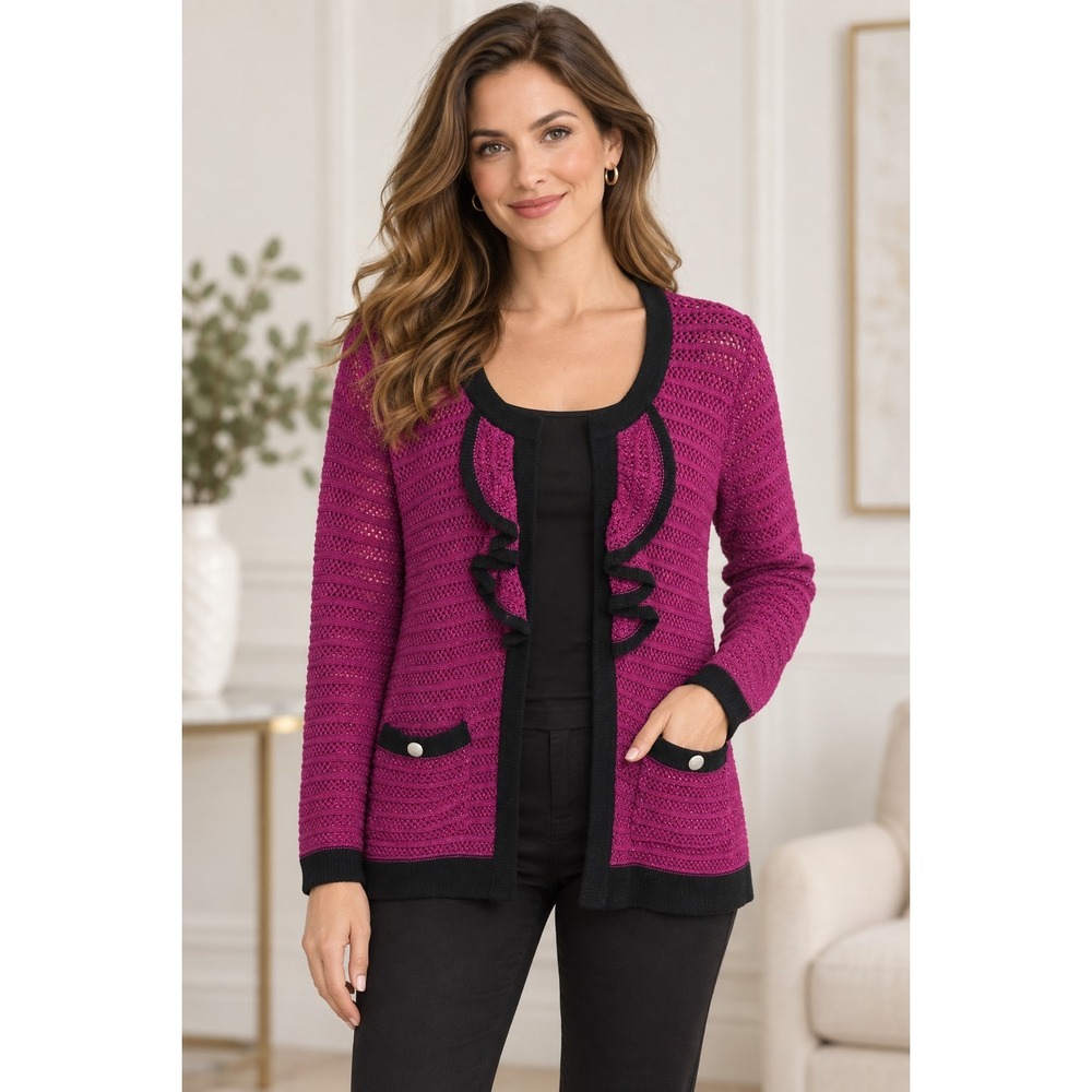 Roz & Ali Women's Large Purple Sparkle Ruffle Open Knit Cardigan Black Trim NWT